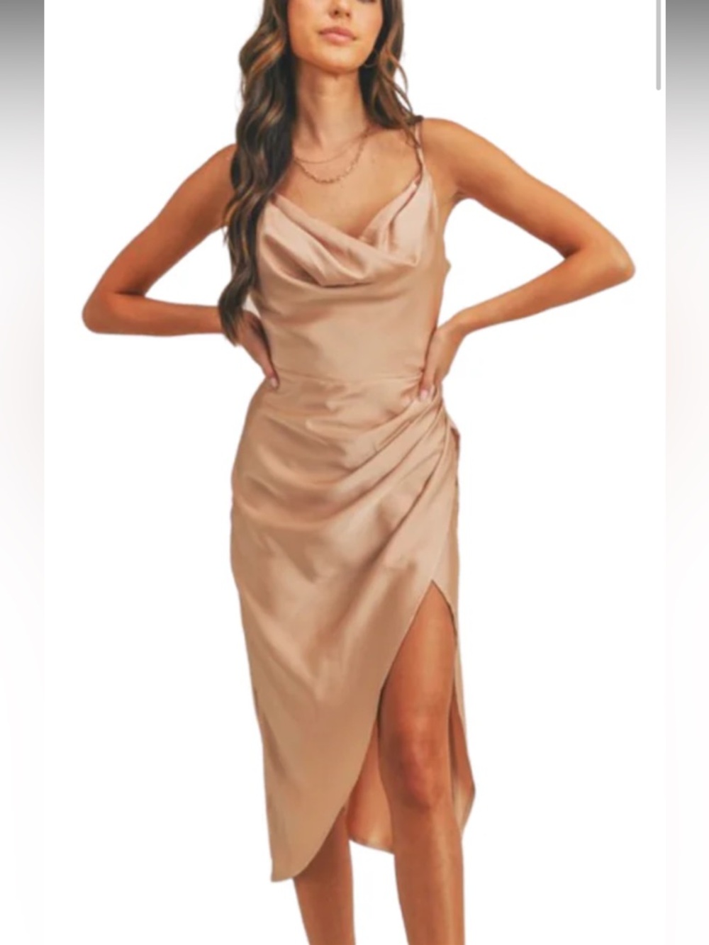 NWT Cowl Neck Satin Midi Champagne Dress Size Small